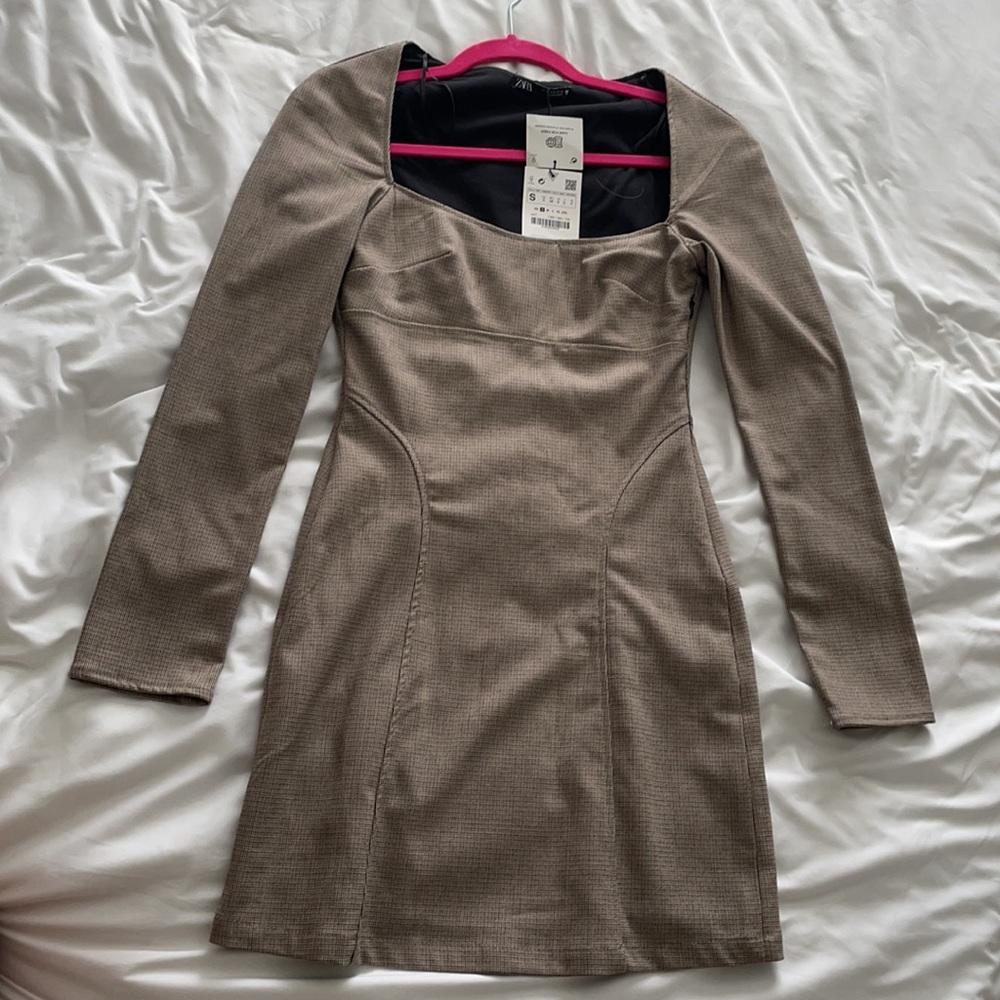 Brown plaid long sleeve dress Zara